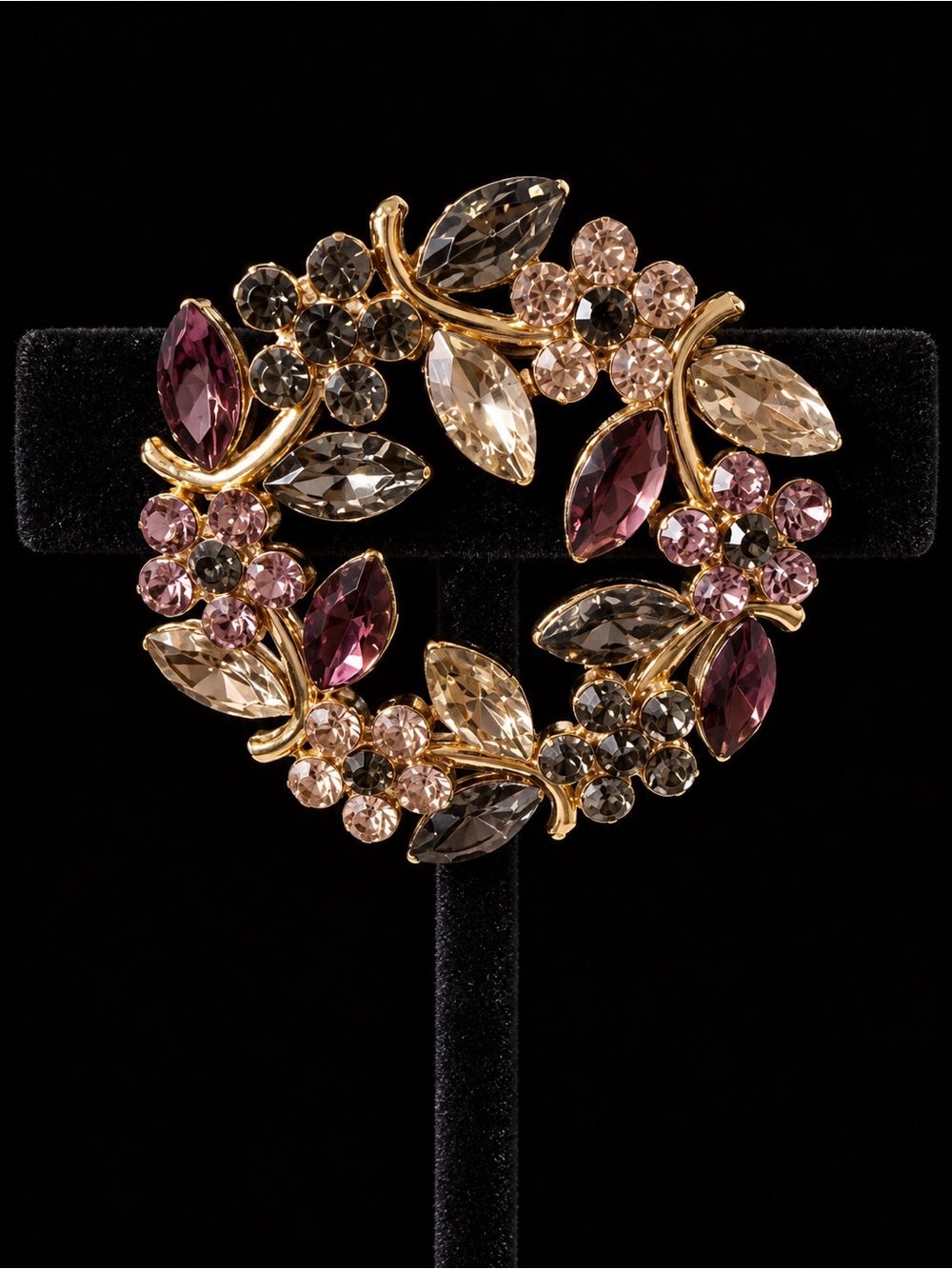 Multicolor Crystal Flower and Leaf Wreath Brooch in Gold Tone and Muted Colors